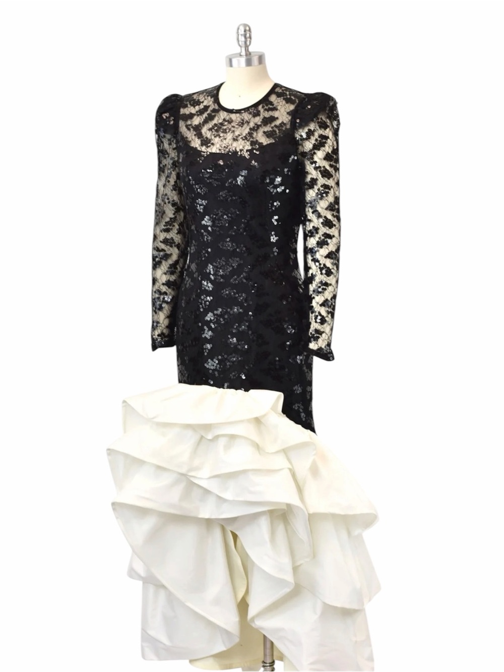 VTG Lillie Rubin Black Lace Sequin Beaded White Ruffle Mermaid Gown Dress